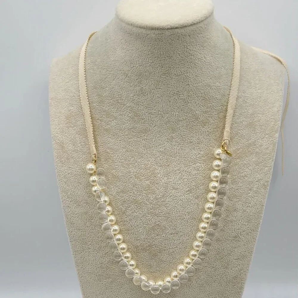 J Crew Faux Pearl Clear Bead Tie Adjustable Necklace